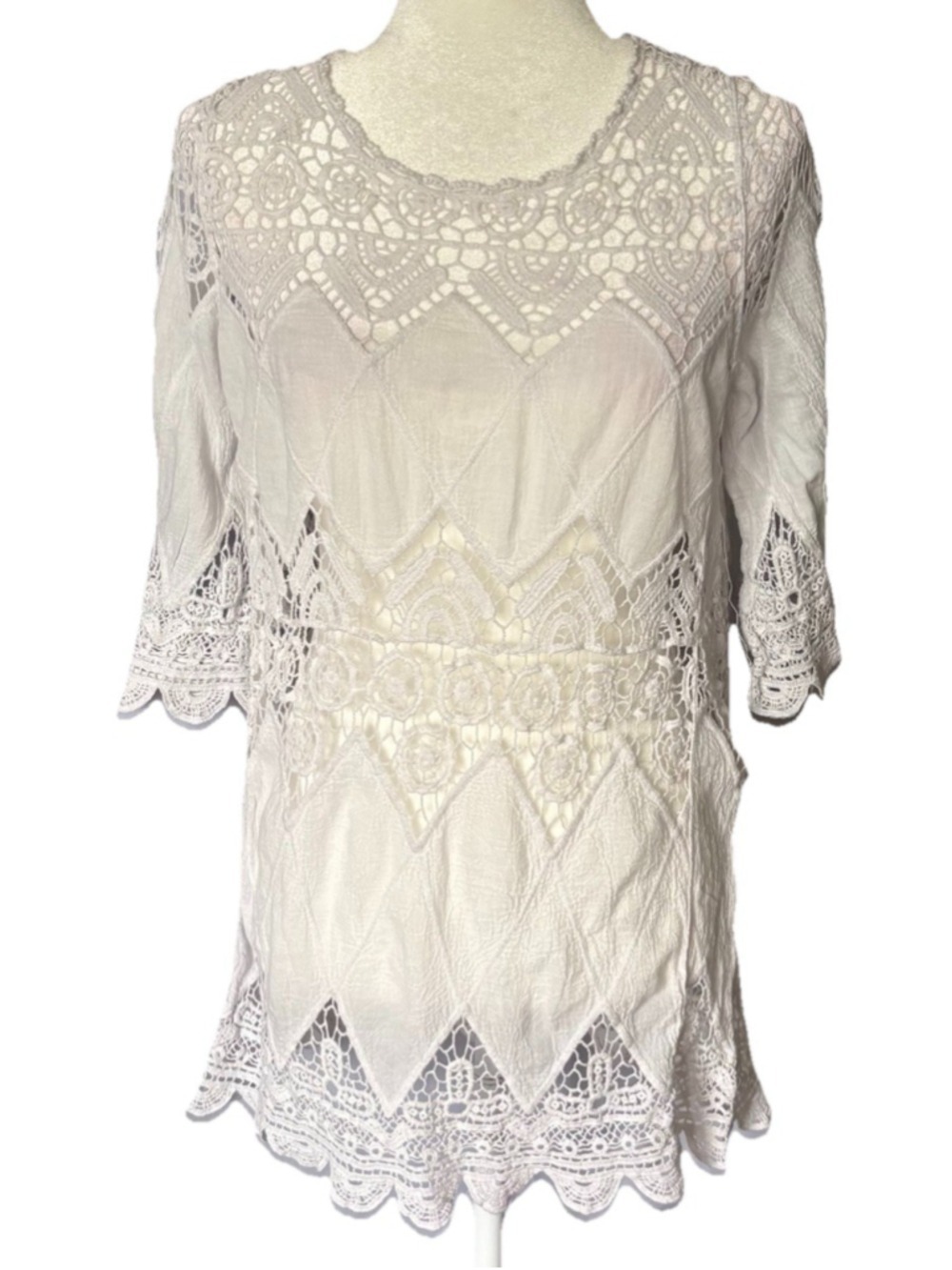 Boho White Crochet Lave Tunic Crinkle Gauze Bell Sleeve Chevron Geometric M/L
